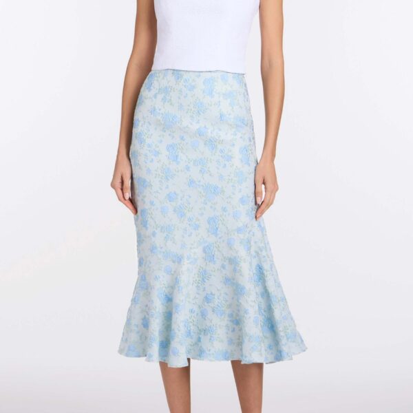 Markarian June Cornflower And Mint Brocade Asymmetric Flounce Midi Skirt - Skirts - New York Luxury Occasion Wear at Coveti