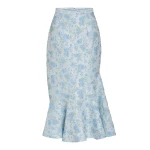 Markarian June Cornflower And Mint Brocade Asymmetric Flounce Midi Skirt - Skirts - New York Luxury Occasion Wear at Coveti