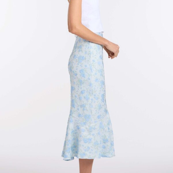 Markarian June Cornflower And Mint Brocade Asymmetric Flounce Midi Skirt - Skirts - New York Luxury Occasion Wear at Coveti