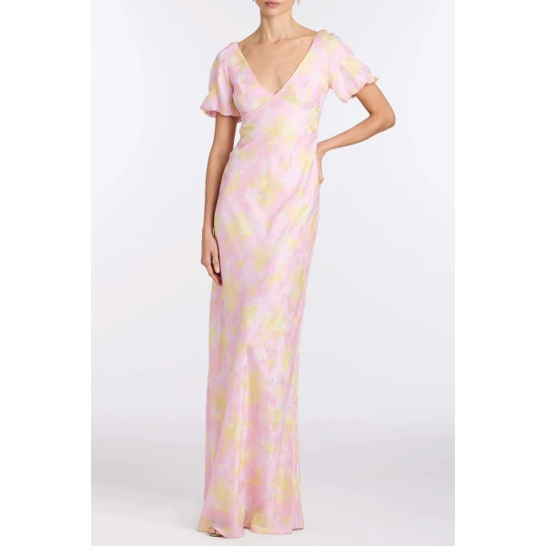 Markarian Lilou Floral Satin Puff Sleeve Gown, view 2