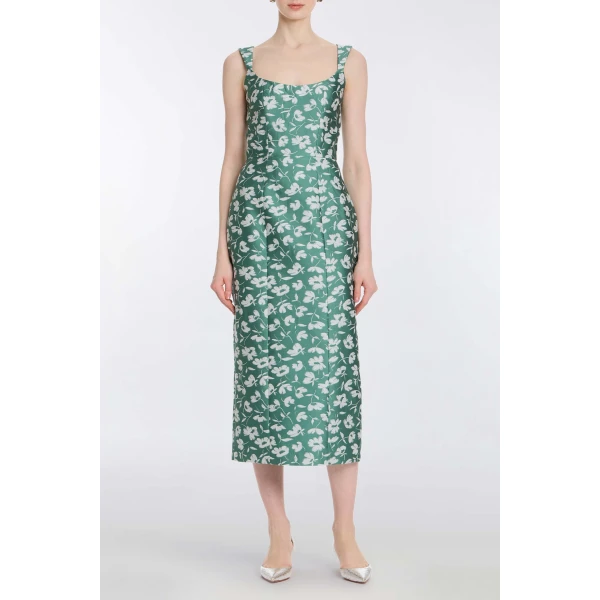 Markarian Numa Green And White Floral Brocade Corset Midi Dress, view 2