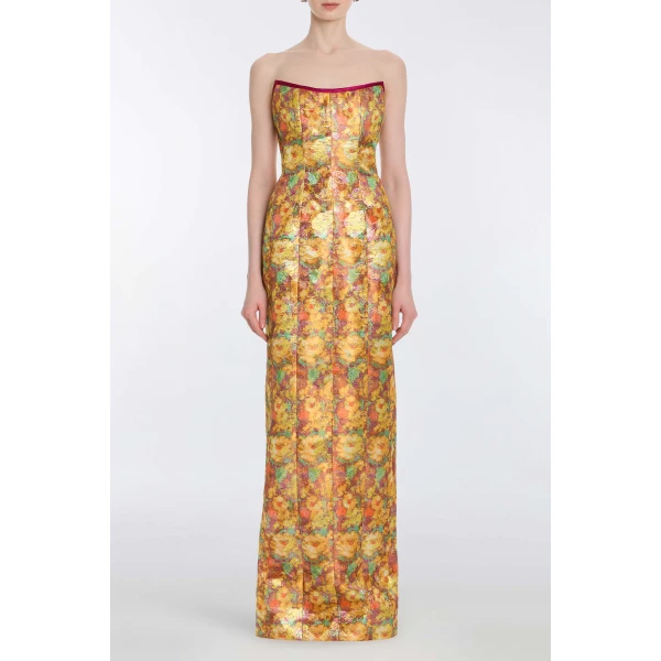 Markarian Odessa Golden Metallic Floral Column Gown, view 2