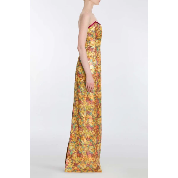 Markarian Odessa Golden Metallic Floral Column Gown, view 3