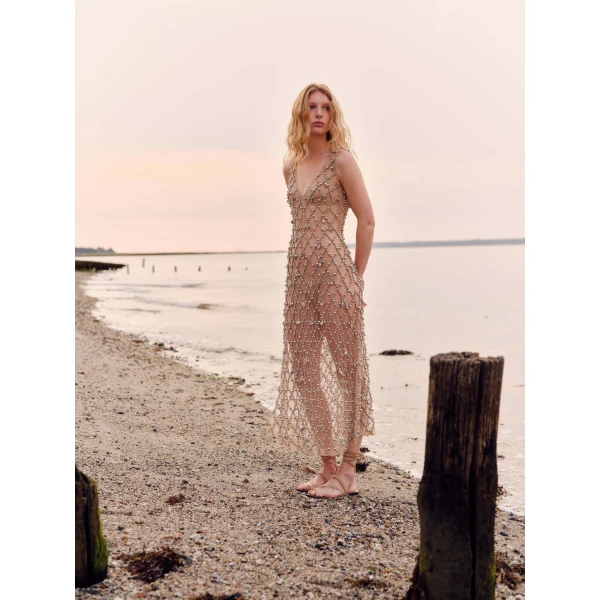 Markarian Odette Beaded Seashell Mesh Sleeveless Midi Dress, view 3