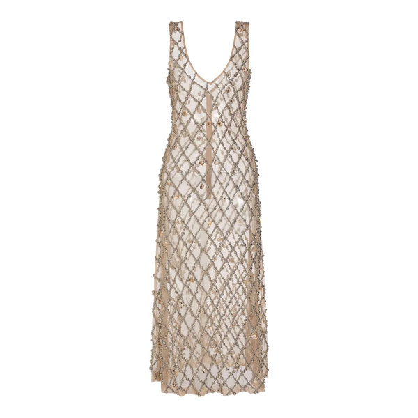 Markarian Odette Beaded Seashell Mesh Sleeveless Midi Dress