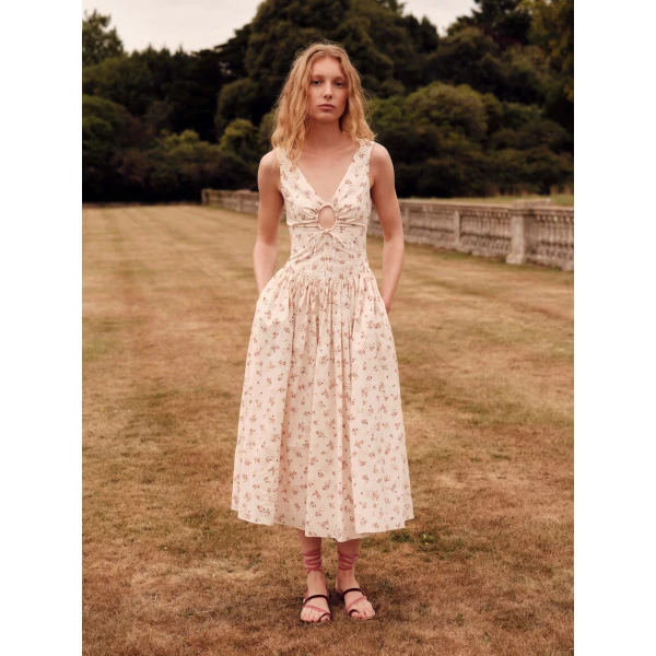 Markarian Penelope Blush Bouquet Cotton Eyelet Keyhole Midi Dress, view 5