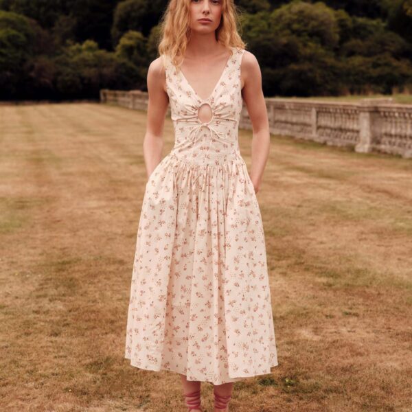 Markarian Penelope Blush Bouquet Cotton Eyelet Keyhole Midi Dress - Dresses - New York Luxury Occasion Wear at Coveti