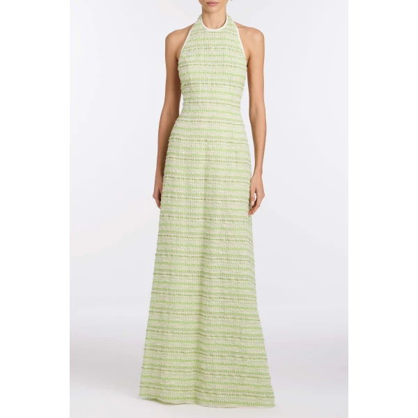 Markarian Sahara Lime Textured Stripe Halter Gown, view 2