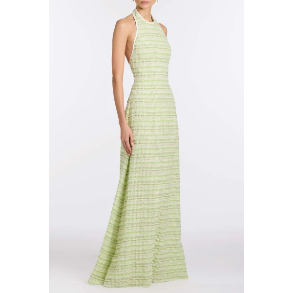 Markarian Sahara Lime Textured Stripe Halter Gown, view 3