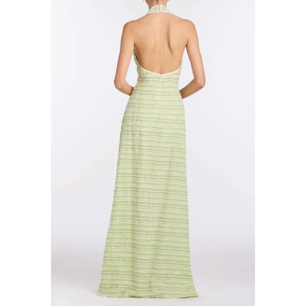 Markarian Sahara Lime Textured Stripe Halter Gown, view 4