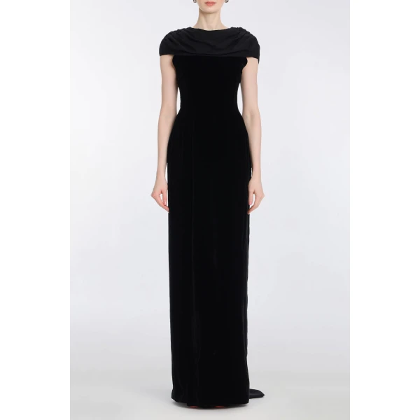 Markarian Vesper Black Velvet Gown With Shawl And Train, view 2