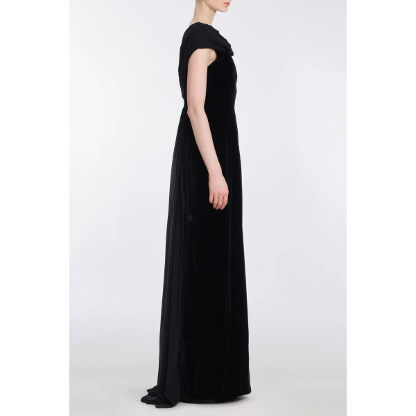 Markarian Vesper Black Velvet Gown With Shawl And Train, view 3