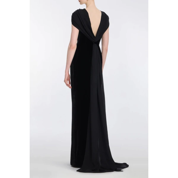 Markarian Vesper Black Velvet Gown With Shawl And Train, view 4