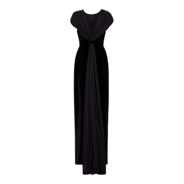 Markarian Vesper Black Velvet Gown With Shawl And Train, view 5