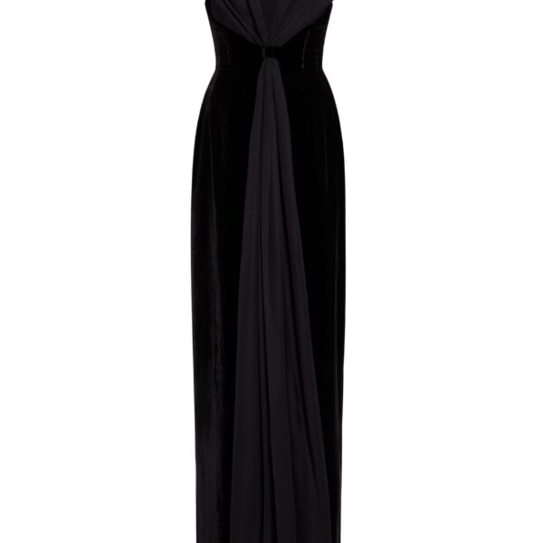 Markarian Vesper Black Velvet Gown With Shawl And Train - Dresses - New York Luxury Occasion Wear at Coveti