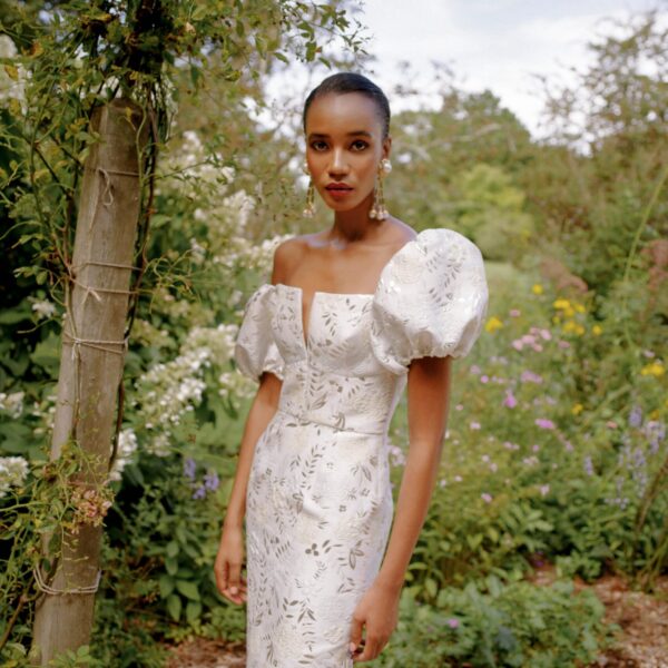 Markarian Yvette Ivory Metallic Brocade Puff Sleeve Dress - Dresses - New York Luxury Occasion Wear at Coveti