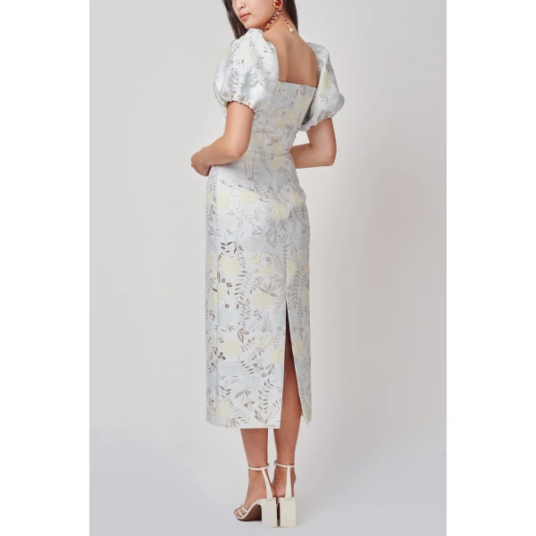 Markarian Yvette Ivory Metallic Brocade Puff Sleeve Dress - Dresses - New York Luxury Occasion Wear at Coveti