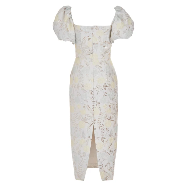 Markarian Yvette Ivory Metallic Brocade Puff Sleeve Dress - Dresses - New York Luxury Occasion Wear at Coveti