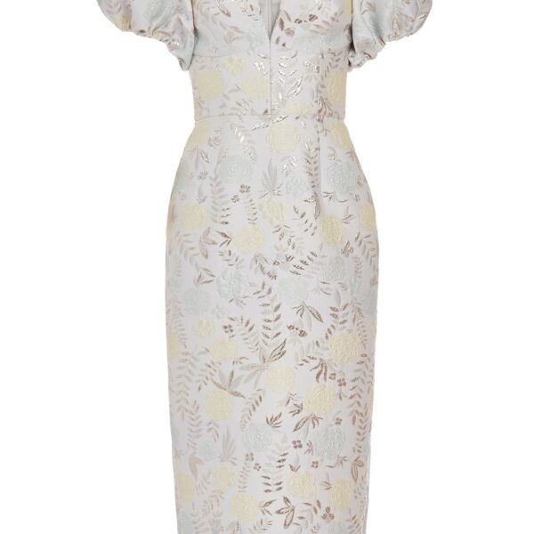 Markarian Yvette Ivory Metallic Brocade Puff Sleeve Dress - Dresses - New York Luxury Occasion Wear at Coveti