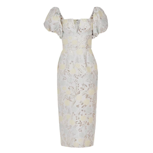 Markarian Yvette Ivory Metallic Brocade Puff Sleeve Dress - Dresses - New York Luxury Occasion Wear at Coveti