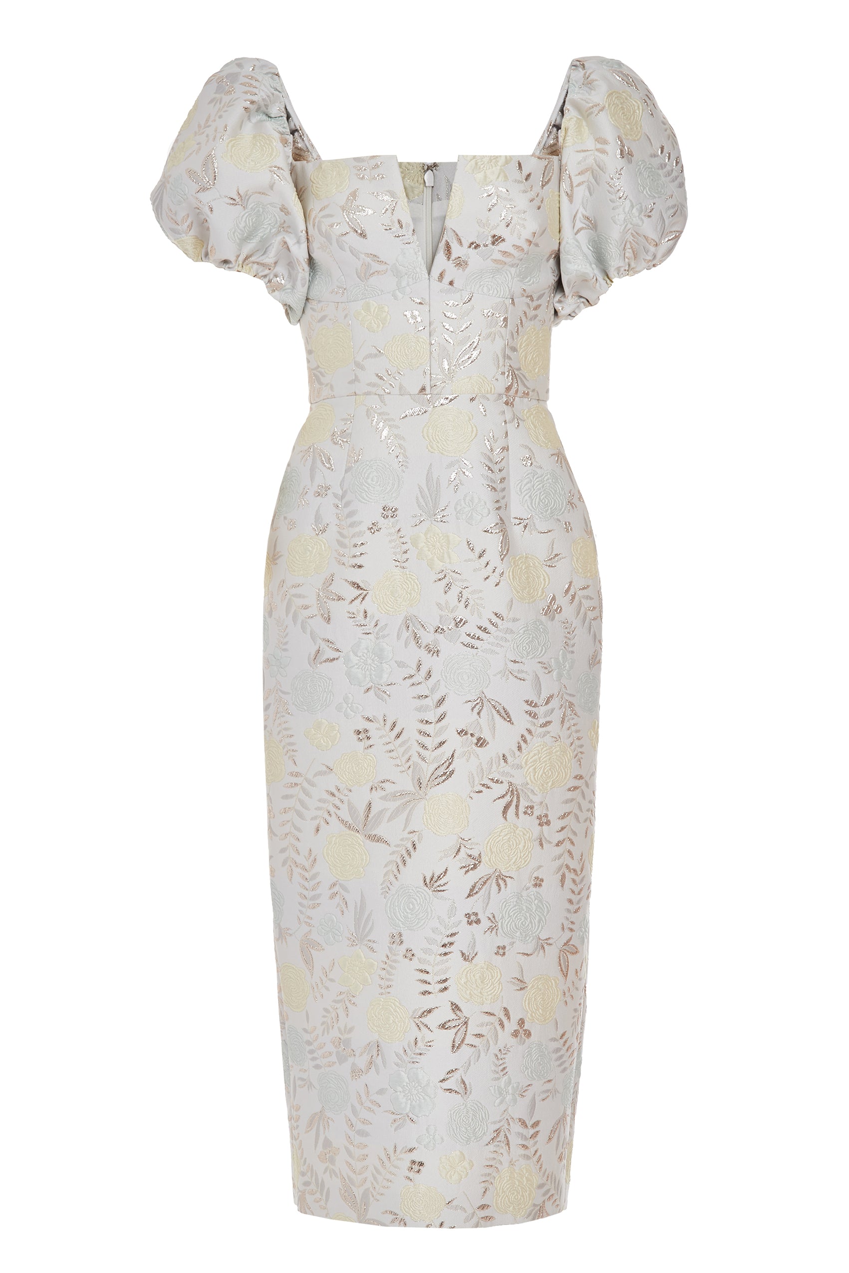 Markarian Yvette Ivory Metallic Brocade Puff Sleeve Dress - Dresses - New York Luxury Occasion Wear at Coveti