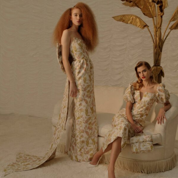 Markarian Yvette Pink And Gold Floral Brocade Midi Dress - Dresses - New York Luxury Occasion Wear at Coveti