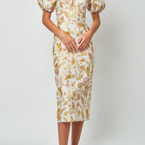 Markarian Yvette Pink And Gold Floral Brocade Midi Dress - Dresses - New York Luxury Occasion Wear at Coveti