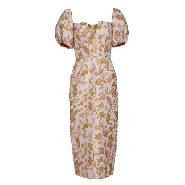 Markarian Yvette Pink And Gold Floral Brocade Midi Dress