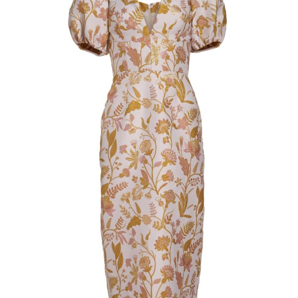 Markarian Yvette Pink And Gold Floral Brocade Midi Dress - Dresses - New York Luxury Occasion Wear at Coveti