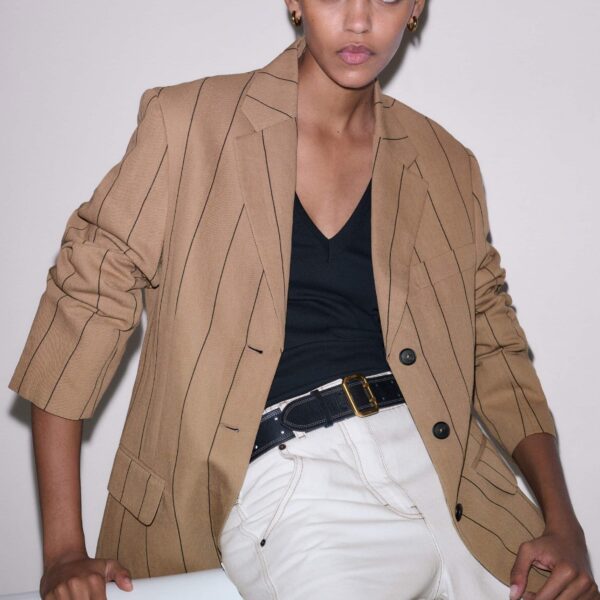 Fluid Linen Blend – luxury British Beige in Me and Em exclusively at Coveti