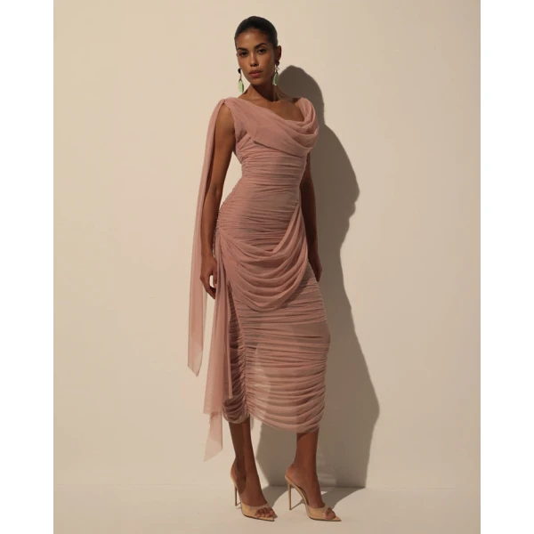 Milla Midi Dress in Italian Mesh with Draping - Dresses - Ukrainian Luxury Evening Gown at Coveti