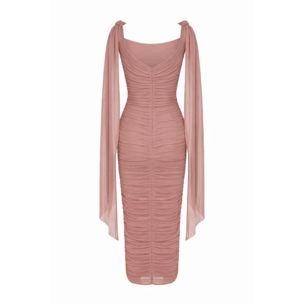 Milla Midi Dress in Italian Mesh with Draping - Dresses - Ukrainian Luxury Evening Gown at Coveti