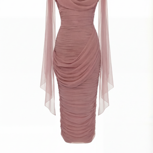 Milla Midi Dress in Italian Mesh with Draping - Dresses - Ukrainian Luxury Evening Gown at Coveti