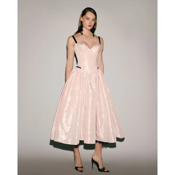 Milla Misty Rose Corset Midi Dress with Contrast Details - Dresses - Ukrainian Luxury Evening Gown at Coveti