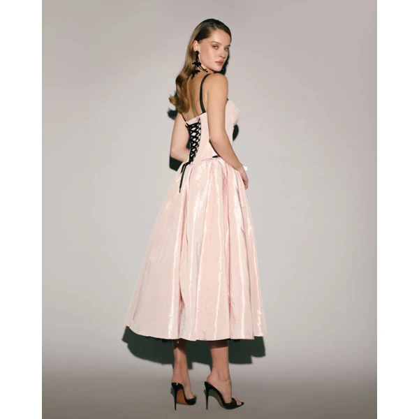 Milla Misty Rose Corset Midi Dress with Contrast Details - Dresses - Ukrainian Luxury Evening Gown at Coveti