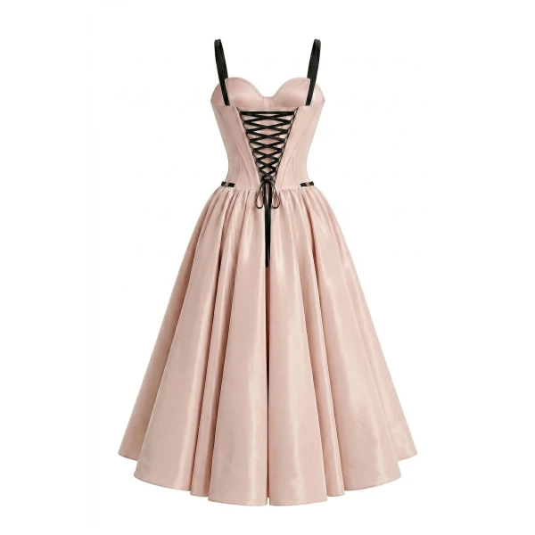 Milla Misty Rose Corset Midi Dress with Contrast Details - Dresses - Ukrainian Luxury Evening Gown at Coveti