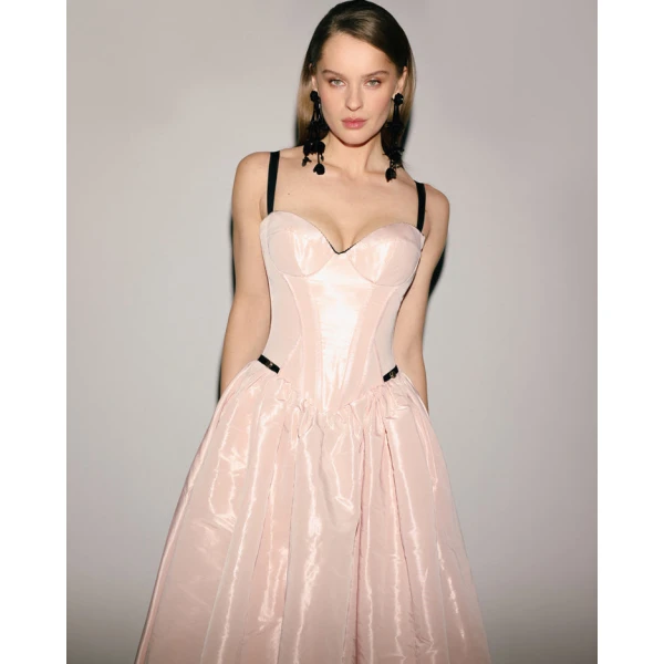 Milla Misty Rose Corset Midi Dress with Contrast Details - Dresses - Ukrainian Luxury Evening Gown at Coveti