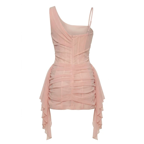 Milla Misty Rose Fitted Mini Dress With Draping - Dresses - Ukrainian Luxury Evening Gown at Coveti