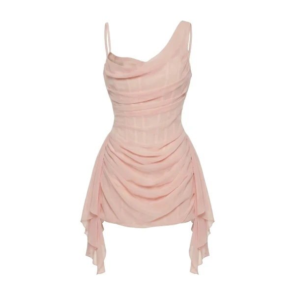 Milla Misty Rose Fitted Mini Dress With Draping - Dresses - Ukrainian Luxury Evening Gown at Coveti