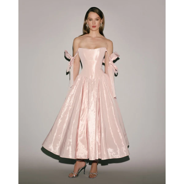 Milla Misty Rose Taffeta Corset Midi Dress - Dresses - Ukrainian Luxury Evening Gown at Coveti