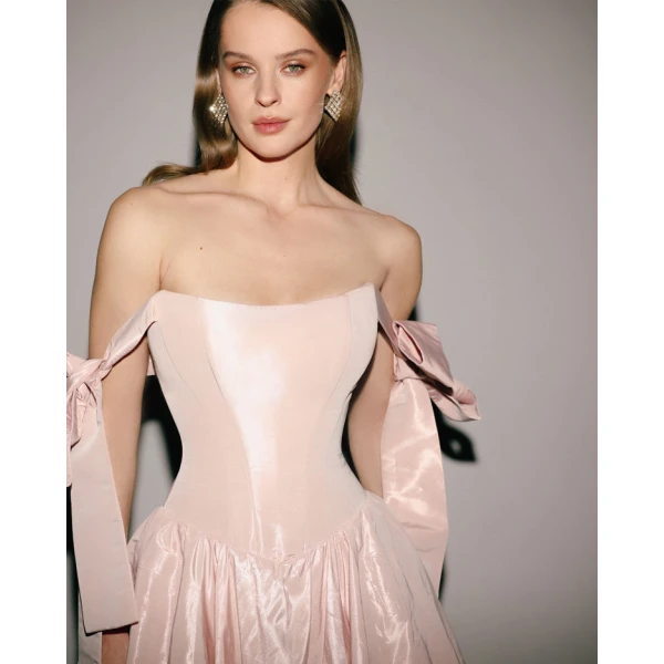 Milla Misty Rose Taffeta Corset Midi Dress - Dresses - Ukrainian Luxury Evening Gown at Coveti