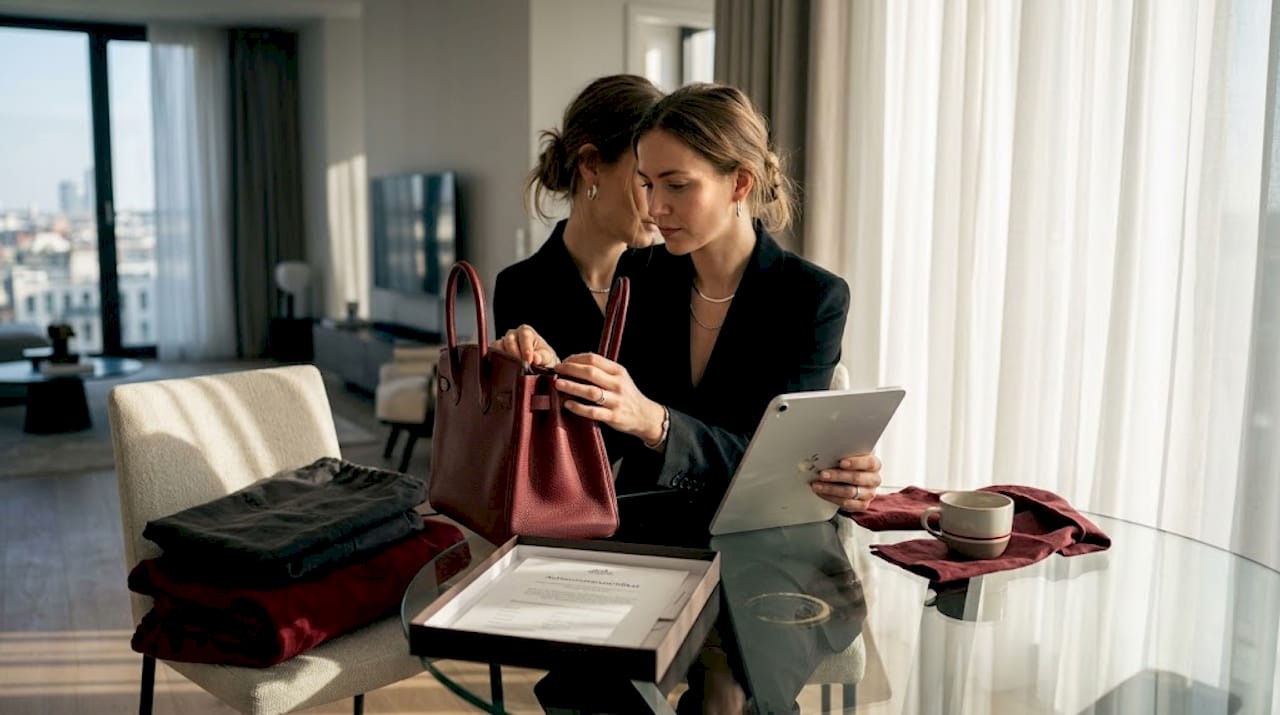 Eine Frau begutachtet ihre Hermès Birkin Tasche ganz entspannt zu Hause.