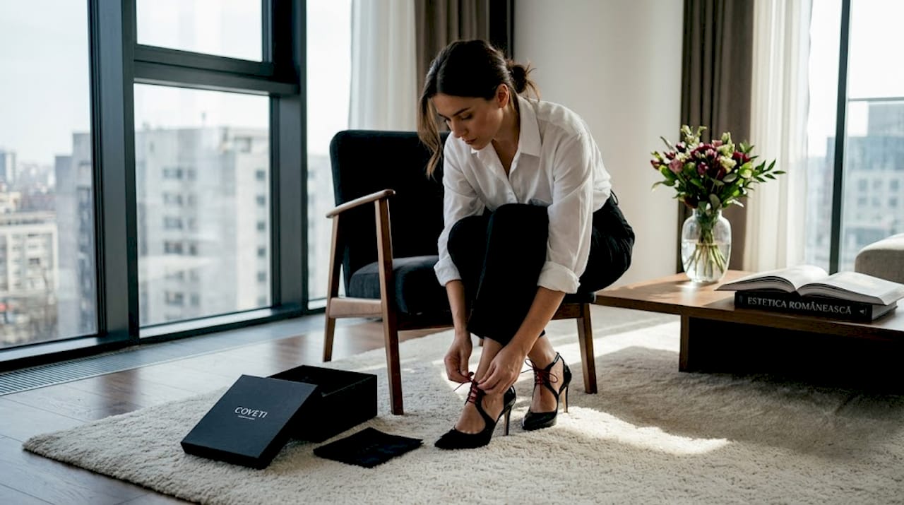O femeie își alege o pereche de pantofi eleganți, chiar în confortul apartamentului său modern.