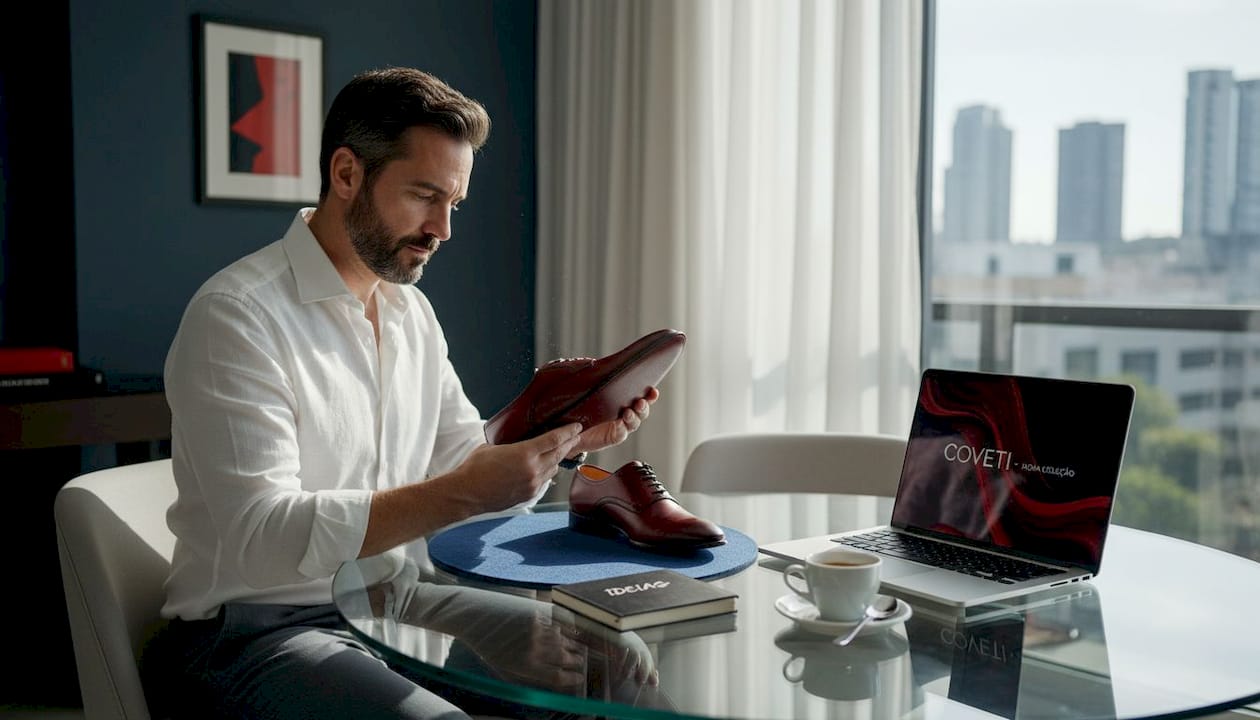 Homem observa atentamente uns sapatos de luxo sobre uma mesa de vidro.