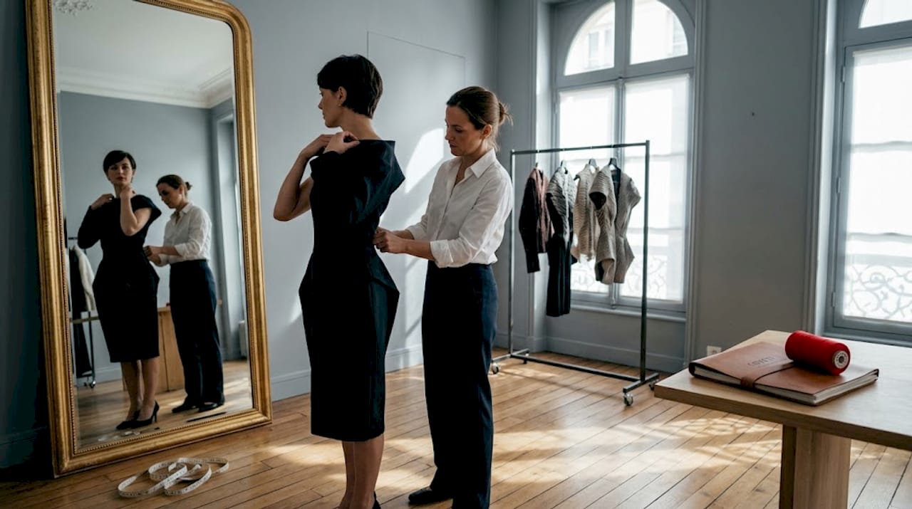 Une femme essaie une robe de créateur devant le miroir d’un atelier.