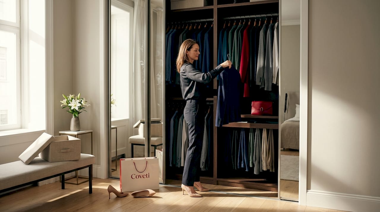 Una mujer ordena cuidadosamente su vestidor, seleccionando prendas elegantes para organizar su armario.