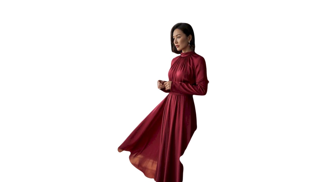 一位女士在优雅的衣帽间里整理着她的华丽礼服。