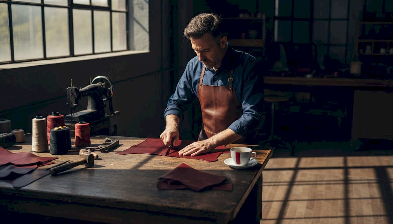 Un maestro del cuero da forma a sus creaciones en un taller exclusivo, rodeado de herramientas y materiales de primera calidad.