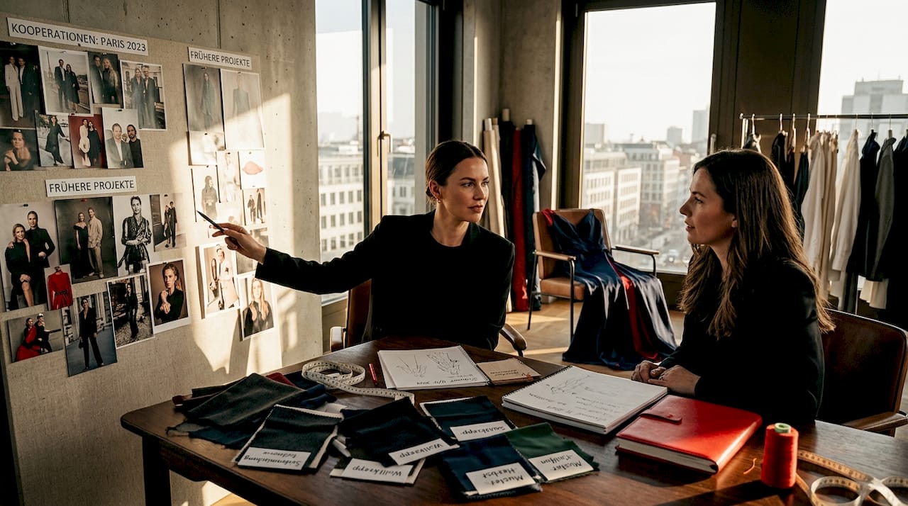 Modedesigner tauschen sich über gemeinsame Entwürfe aus und diskutieren Ideen für ihre Zusammenarbeit.