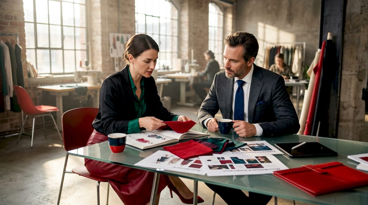 Zwei Fachleute besprechen gemeinsam Ideen für eine Designer-Kooperation.